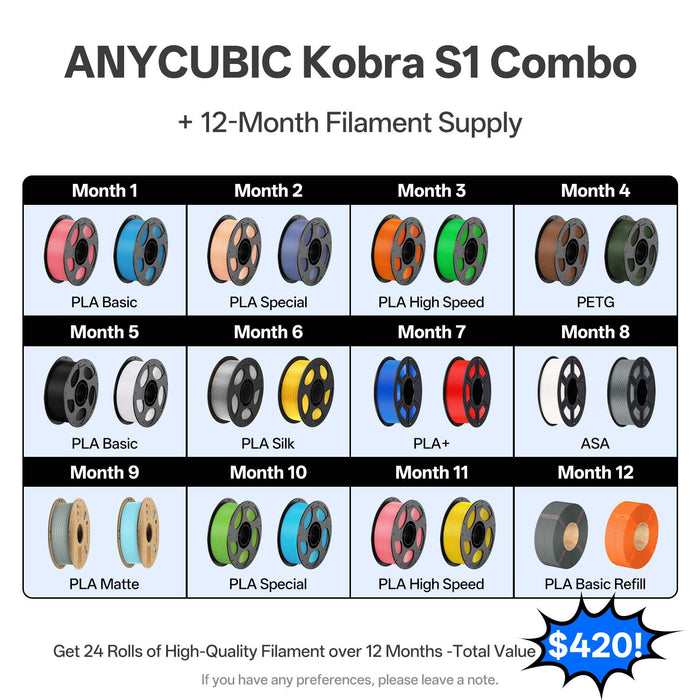 Anycubic Kobra S1 Combo 24 Rolls Filament with Free Shipping