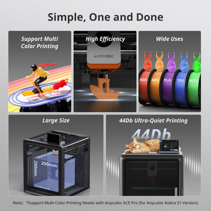 Anycubic Kobra S1 3D Printer Only, Support Multi Color Printing Needs ACE Pro, Max 600mm/s High Speed High Precision Anycubic App One-Click Printing Ultra-Quiet 250 * 250 * 250mm