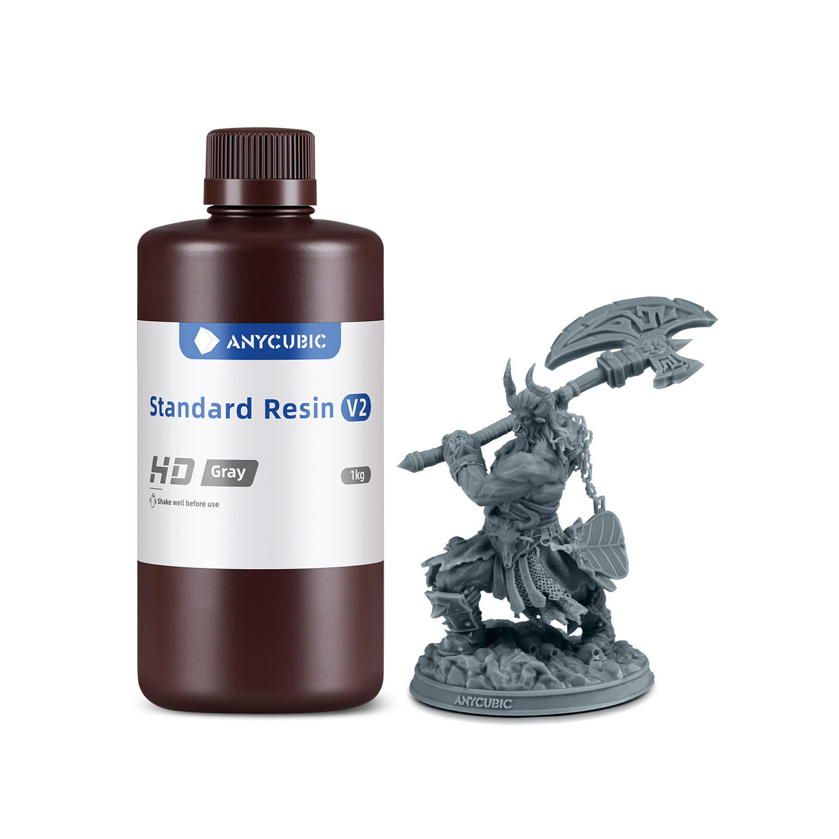 Anycubic Standard Resin V2 HD Grey 1kg bottle alongside a detailed grey 3D-printed fantasy miniature
